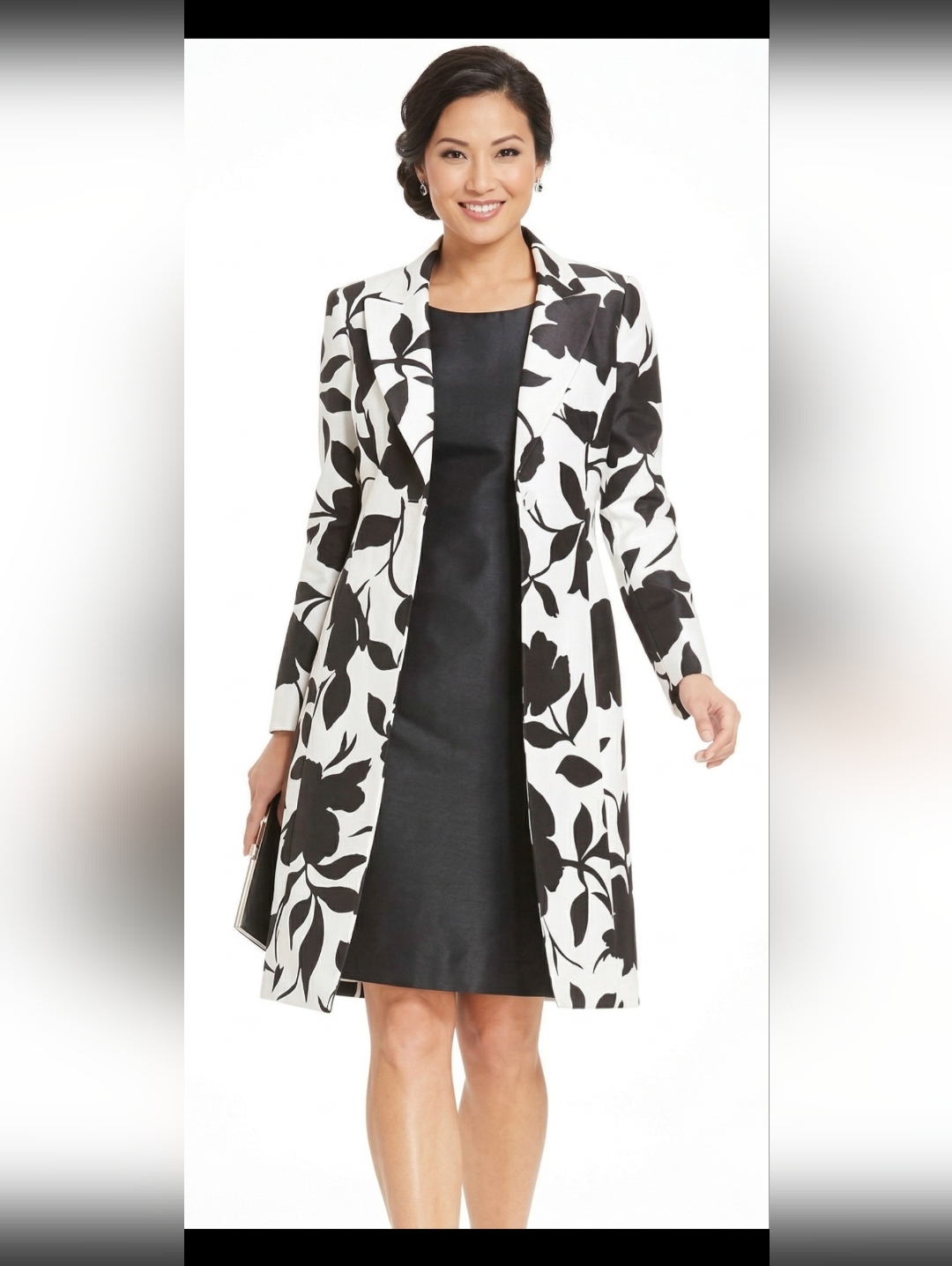 Nwot Le Suit Black And Off White Floral Long Coat Size 14